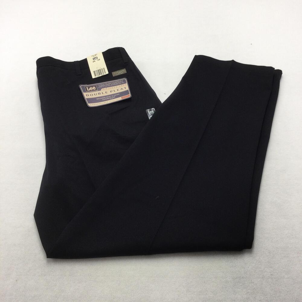 Lee Double Pleat Pants Mens 44x32 Black Relaxed Fit Wrinkle Free Khakis Dress